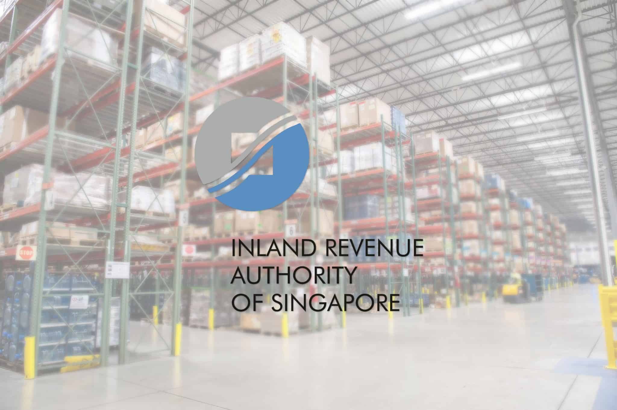 IRAS logo overlaying background warehouse example of a GST registered company in Singapore