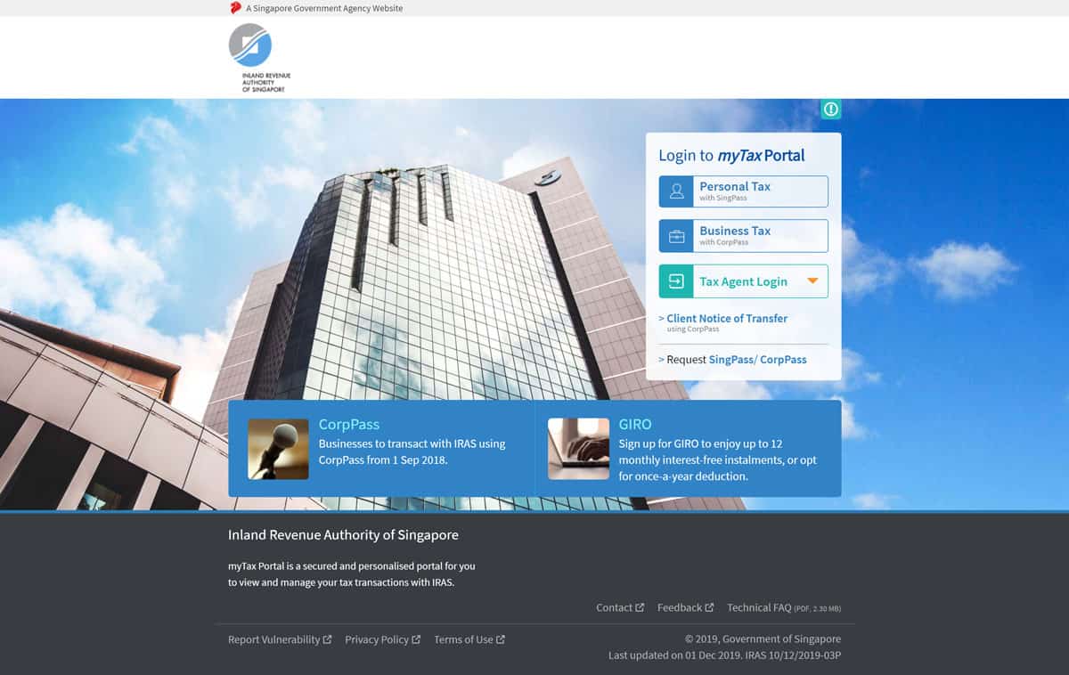 IRAS myTax Portal login screen