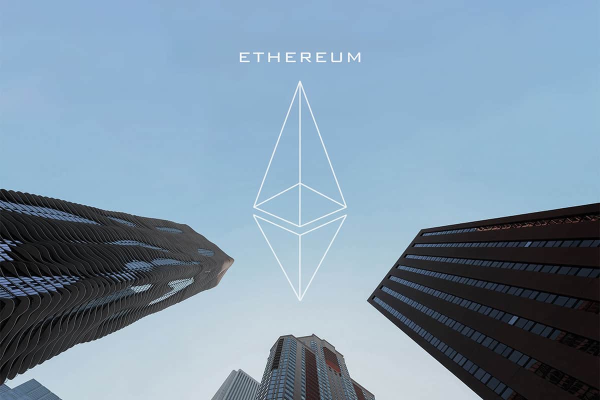Blockchain technology Ethereum cryptocurrency white logo and text against background of corporate buildings