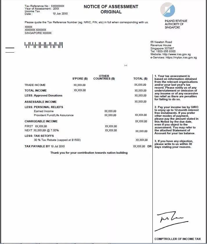 an example notice of assessment NOA document for IRAS income tax filing signed by the comptroller of income tax in Singapore